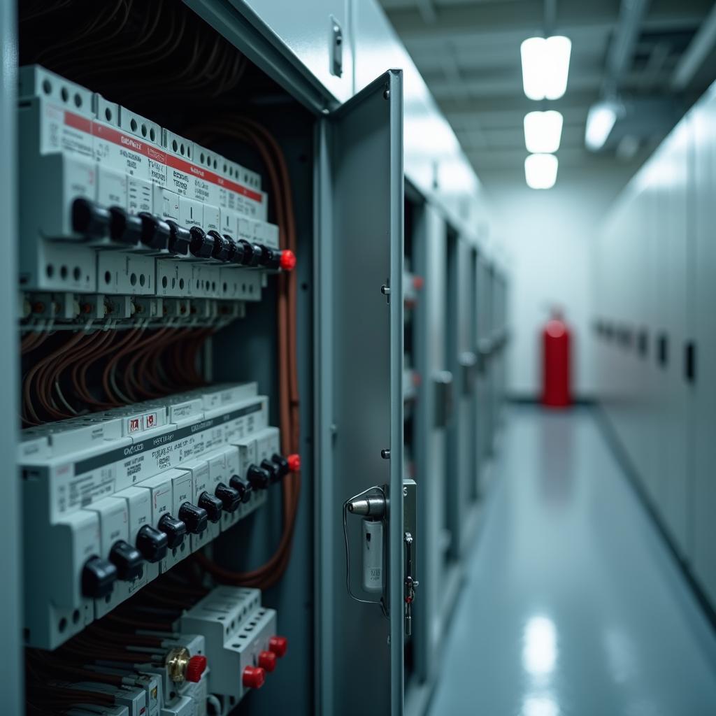 Elektrik panosunun yanında duran kırmızı yangın tüpü ve pano içi söndürme hattı