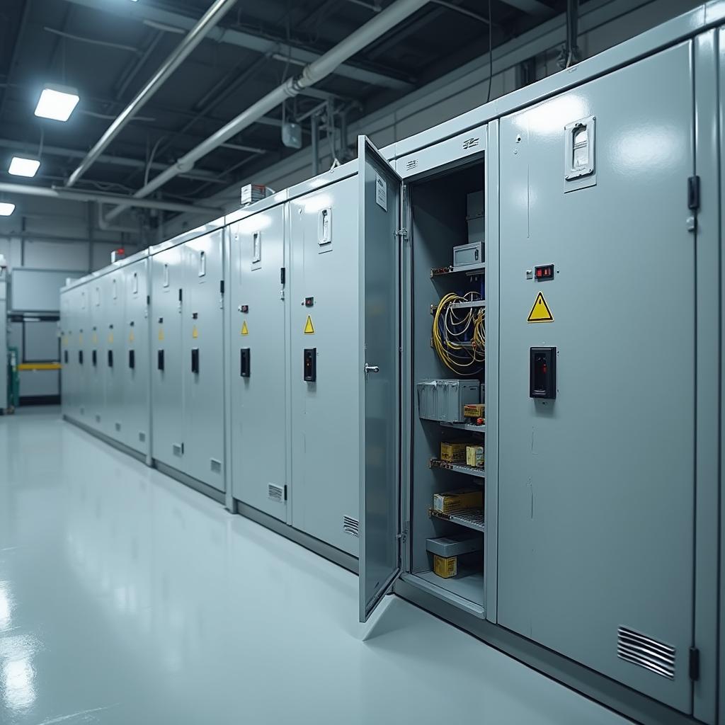 Fabrika üretim salonunda sıralanmış elektrik panoları