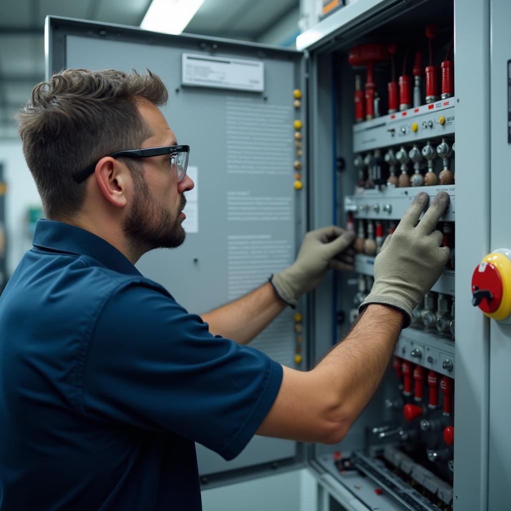 Teknisyen açık bir elektrik panosunun içindeki söndürme ünitesini kontrol ediyor