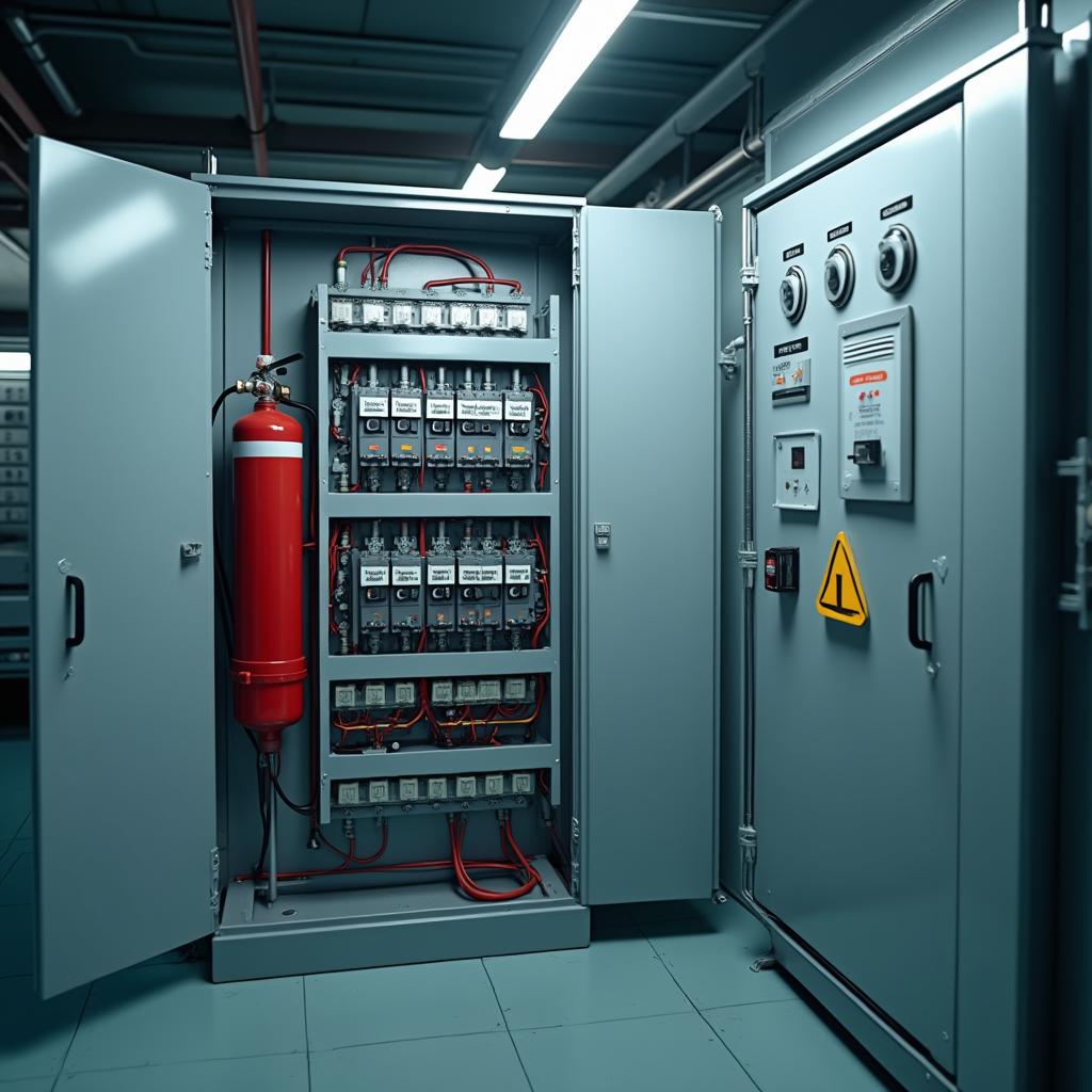 Açık bir elektrik panosunun içinde monte edilmiş otomatik söndürme sistemi