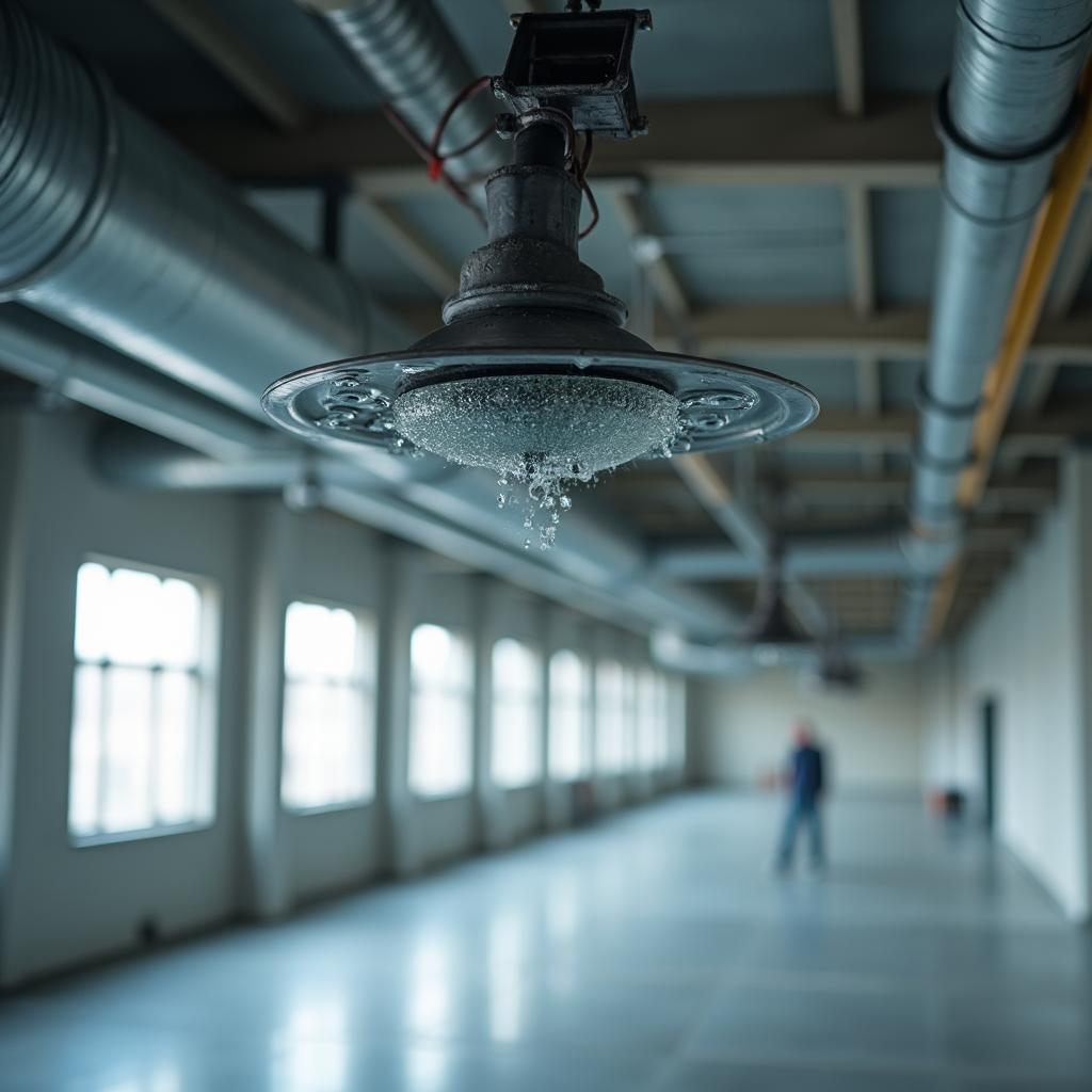Depo tavanına monte edilmiş sprinkler başlığı ve boru hattı