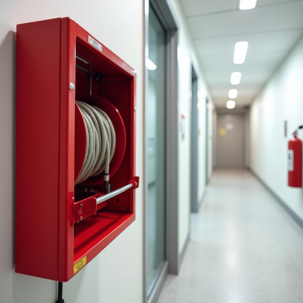Ofis koridorunda duvara monte edilmiş yangın dolabı ve hortum