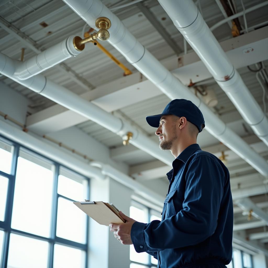 Teknisyen bir binanın tavanındaki sprinkler sistemini kontrol ediyor