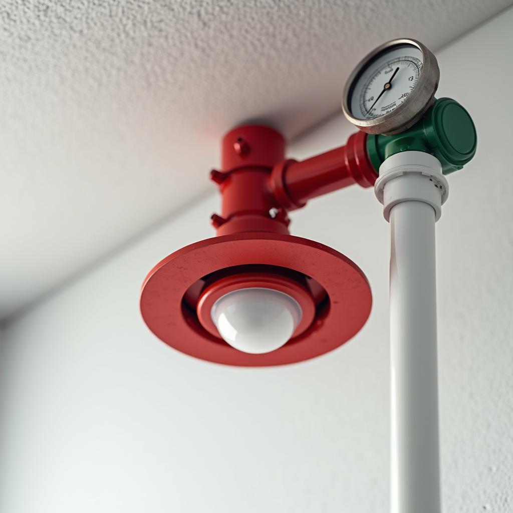 Tavana monte edilmiş kırmızı sprinkler başlığı ve yakındaki vana