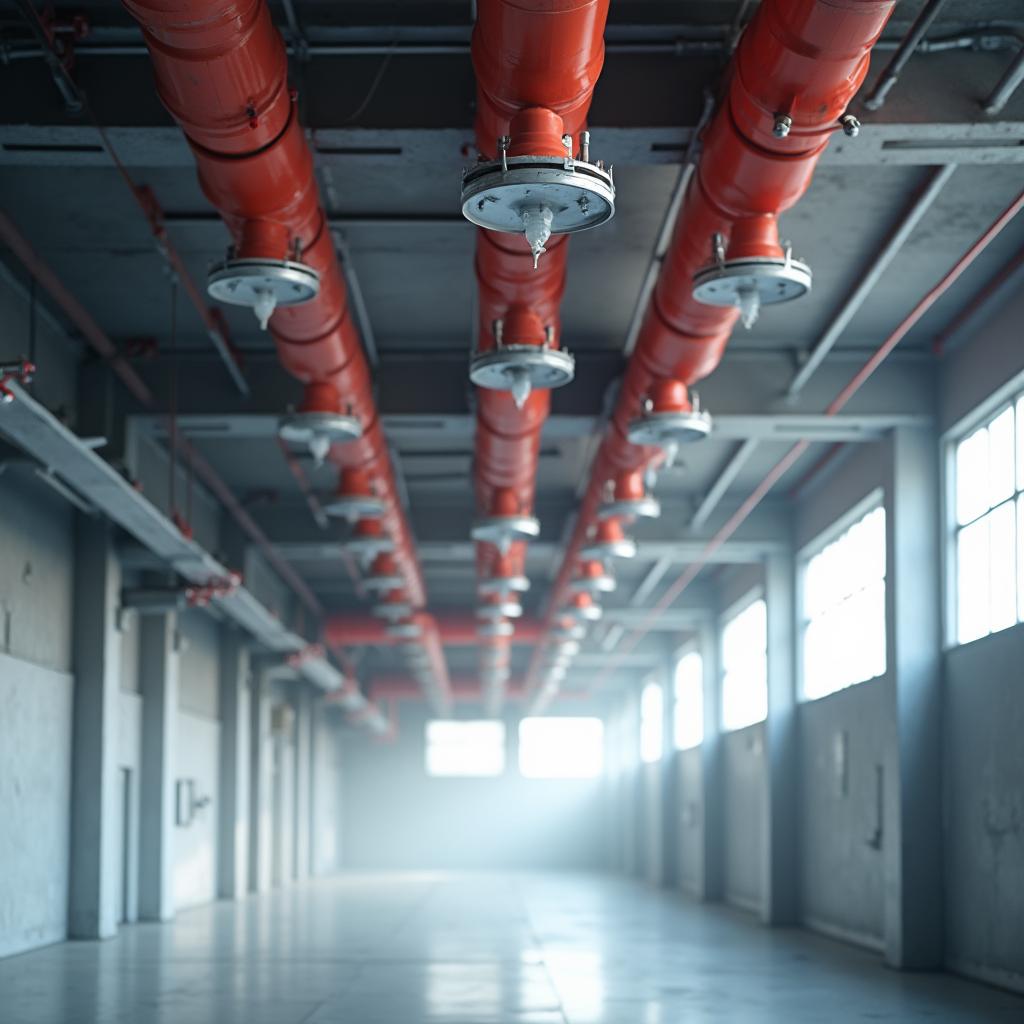 Endüstriyel binada tavana monte edilmiş kırmızı boyalı sprinkler boru hattı ve başlıklar