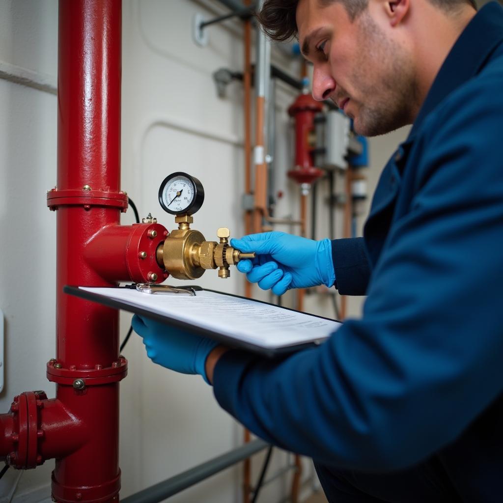 Teknisyenin sprinkler hattındaki vana ve basınç göstergesini kontrol edişi